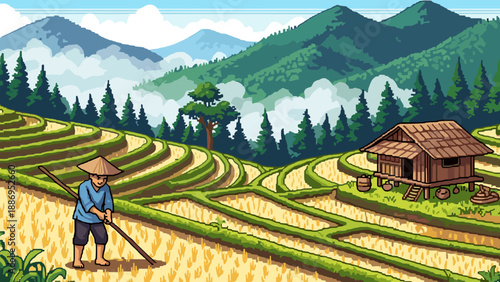 Farmer working on lush green rice terraces with a small hut in the background