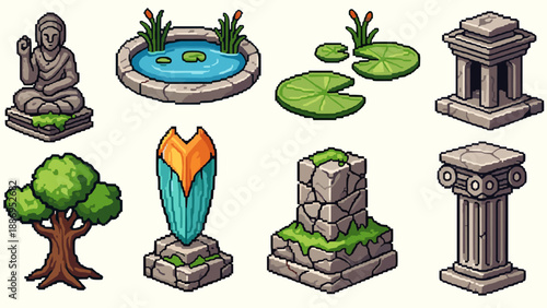 Pixel art collection of ancient statues, trees, and water features for game design