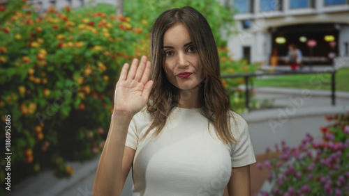 Young hispanic woman wearing a white top waves hand beside flowering bushes in front of a building; welcome warmth.