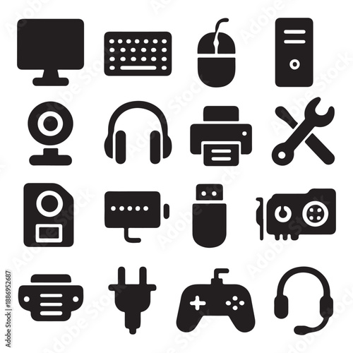 Black computer icons vector set with technology, media, business, and communication symbols