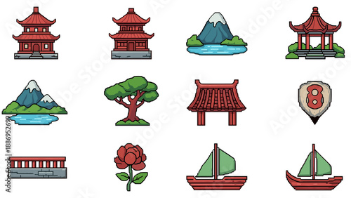 Collection of pixel art icons representing traditional Asian elements and landmarks