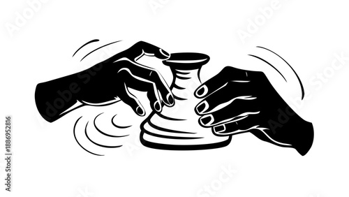 Silhouette of an artist's hands shaping clay on a spinning pottery wheel, handmade craft and creativity concept