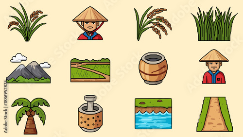 Collection of pixel art icons representing rural life and agriculture in Asia