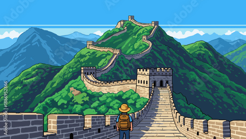 Pixel art traveler with backpack walks along the Great Wall of China on a sunny day
