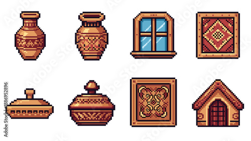 Collection of pixel art objects with traditional patterns and textures