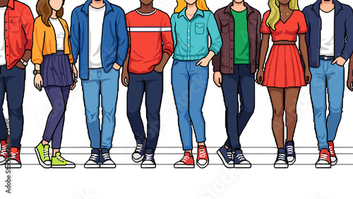 Diverse group of young adults in casual clothing standing together in a line