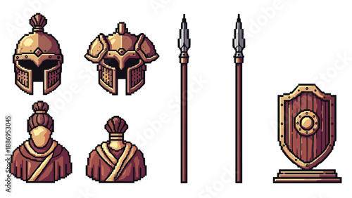 Pixel art collection of ancient warrior armor and weapons, including helmets, spears, and shield