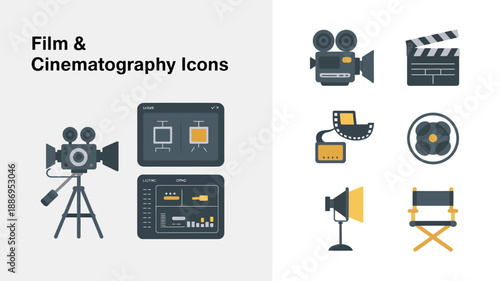 a collection of film and cinematography icons including cameras film reels clapperboards and editing equipment in a simple graphic style high quality professional detailed modern elegant