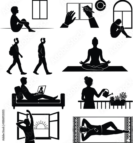 Mental health self care and emotional well being silhouette vector collection isolated on white background