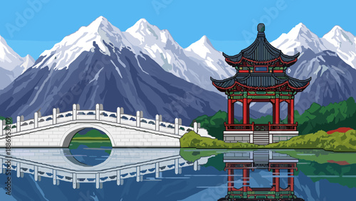 Pixel art scene of a traditional Chinese pavilion and bridge reflected in a serene lake