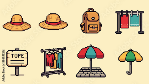 Pixel art collection of summer vacation and beach items