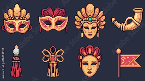 Collection of pixel art masquerade masks, horn, and flag for festive events