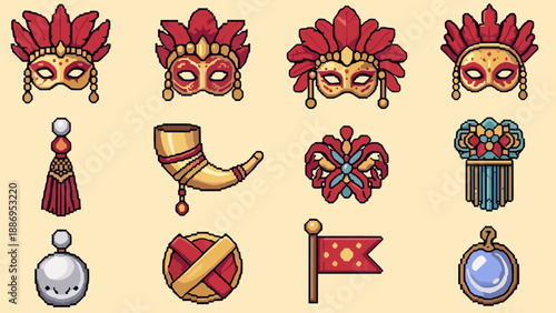 Pixel art icons of Venetian masks, tassels, and other festive elements