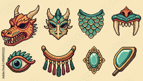 Collection of pixel art fantasy game assets and icons with dragon, mask, and jewelry