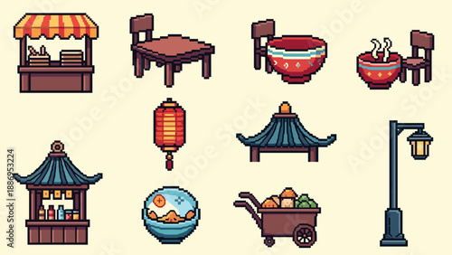Pixel art collection of traditional Asian street market elements and furniture