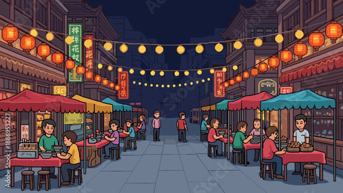 Vibrant night market scene with food stalls and people enjoying meals under lanterns
