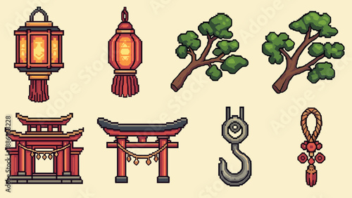 Pixel art collection of Japanese cultural icons and elements