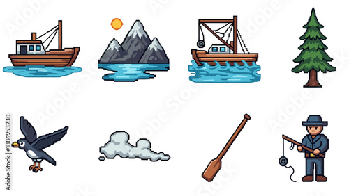 Pixel art collection of outdoor and nautical elements for game design