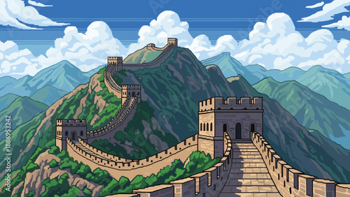 Pixel art great wall of China winding through green mountains under a cloudy sky