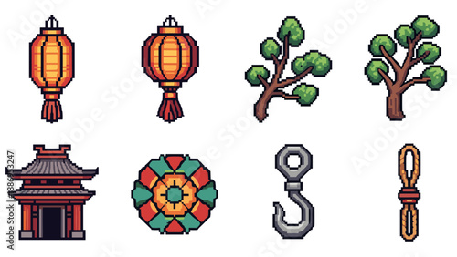 Pixel art icons of traditional Asian elements and industrial hardware