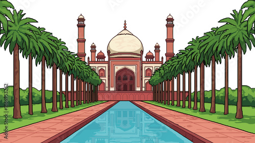 Cartoon illustration of Humayun's Tomb with reflecting pool and palm trees