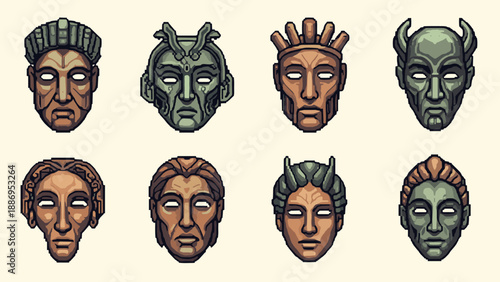 Collection of eight unique pixel art masks with ancient and tribal designs