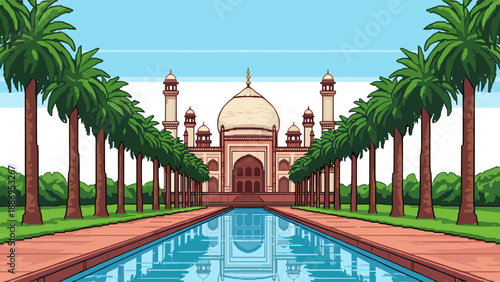 Cartoon illustration of the Taj Mahal with palm trees and reflecting pool