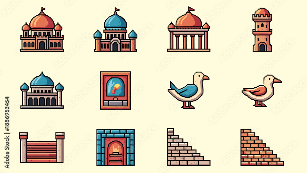 Fototapeta premium Collection of pixel art icons featuring buildings, birds, and architectural elements