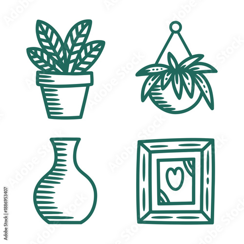 Potted Plants and Home Decor Icons - Flower Pot, Hanging Plant, Vase, and Frame