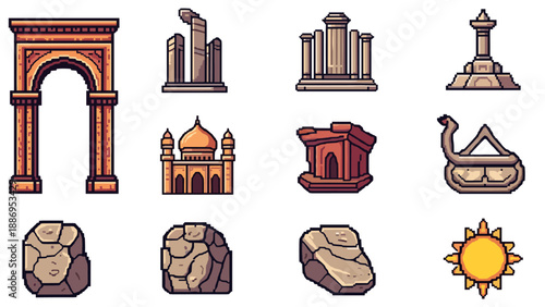 Collection of pixel art ancient structures, monuments, and natural elements