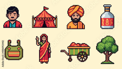 Pixel art icons representing Indian culture and rural life with diverse elements