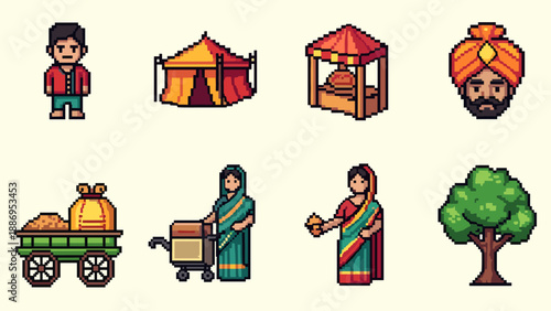 Pixel art icons depicting Indian market scene elements and characters