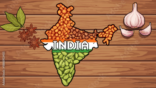 India map filled with spices and ingredients on a wooden background