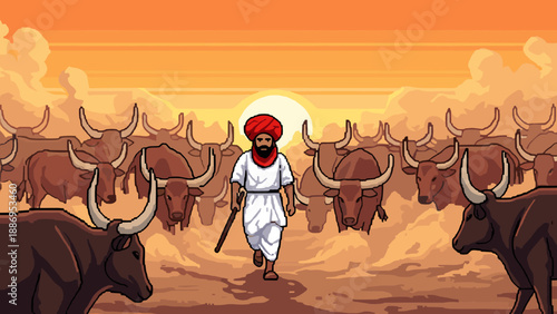 Pixel art of a shepherd leading a herd of cattle at sunset with a warm orange sky