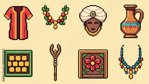 Pixel art icons of traditional Indian cultural elements and artifacts