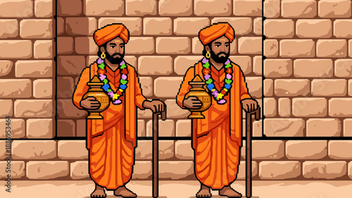 Two pixel art sadhus in orange robes holding pots and walking sticks against brick wall