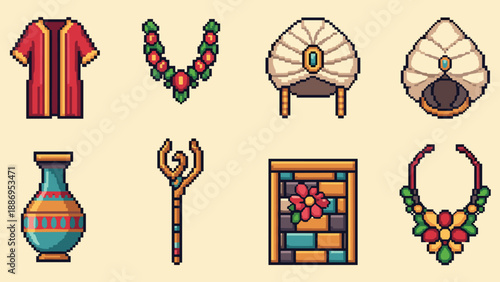 Collection of pixel art icons representing Middle Eastern and fantasy themed attire and objects