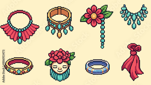 Collection of pixel art jewelry and accessories with vibrant colors and retro style