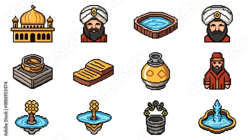 Pixel art icons of Middle Eastern architecture, people, and water features