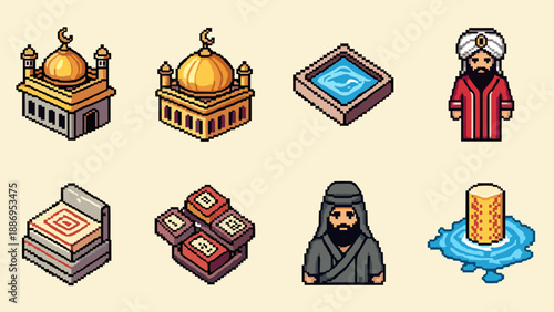 Pixel art icons of Islamic culture and architecture with traditional clothing and elements