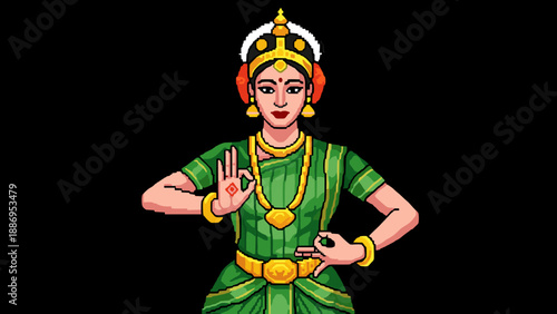 Pixel art Indian dancer in traditional green sari performing classical Bharatanatyam mudra
