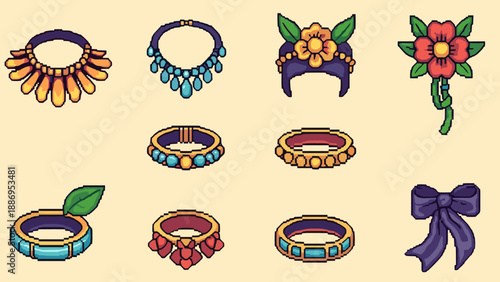 Collection of pixel art jewelry and accessories in a retro game style