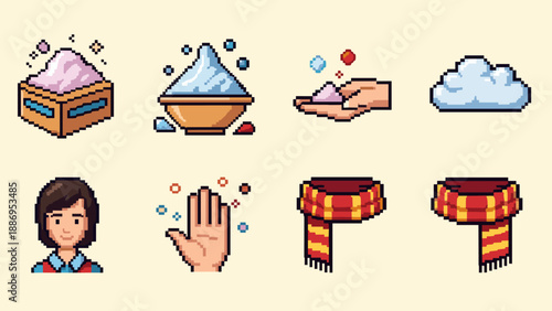 Pixel art icons representing magical elements and a young wizard character