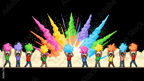 People celebrating with colorful powder explosions against a dark background