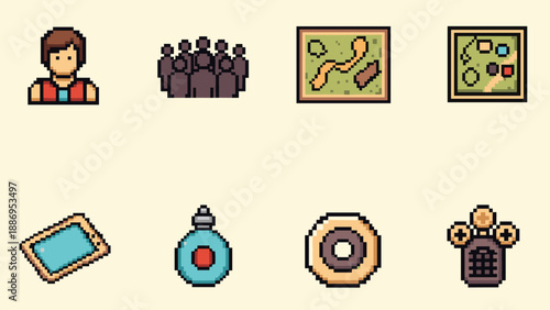Pixel art icons representing people, maps, tablet, potion, coin, and treasure chest