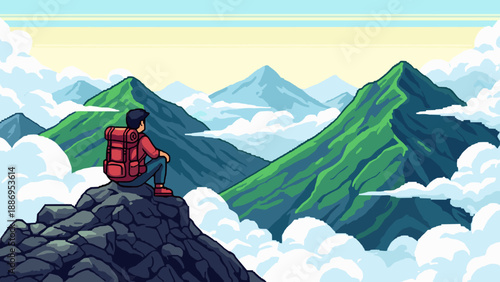 Pixel art hiker sits on a rocky peak, gazing at a vast mountain range above the clouds