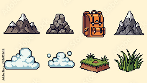 Pixel art assets for game development: mountains, clouds, backpack, rocks, and grass