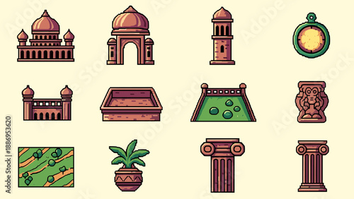 Pixel art collection of ancient Indian architectural elements and cultural icons