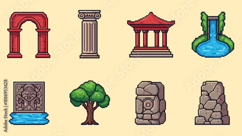 Pixel art collection of ancient ruins, nature, and architectural elements for games