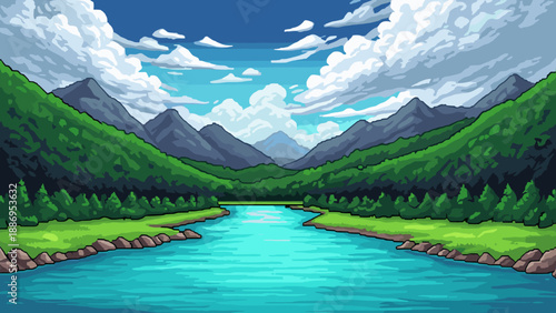 Pixel art landscape with a river flowing through green mountains under a cloudy sky